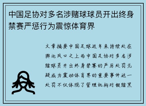中国足协对多名涉赌球球员开出终身禁赛严惩行为震惊体育界 中国足协对多名涉赌球球员开出终身禁赛严惩行为震惊体育界