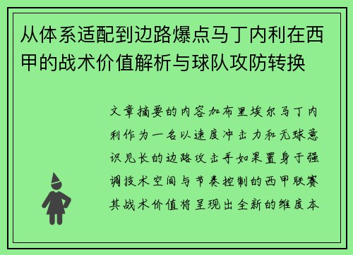 从体系适配到边路爆点马丁内利在西甲的战术价值解析与球队攻防转换